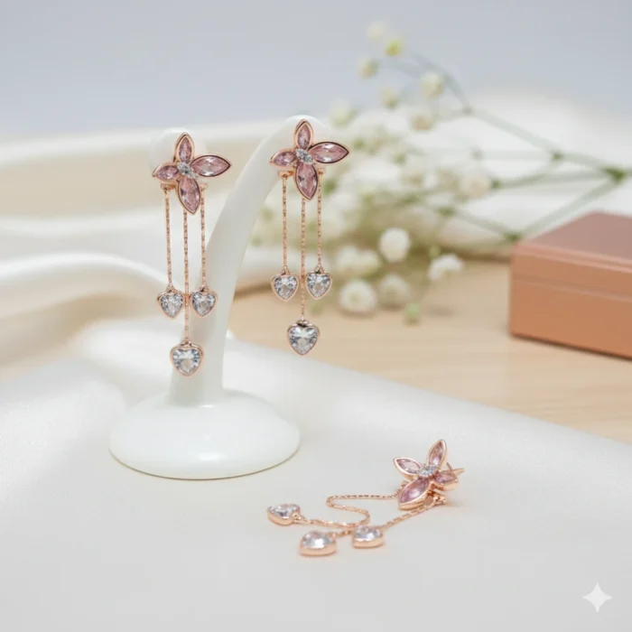 Flower Dangle Earrings with Heart Charms