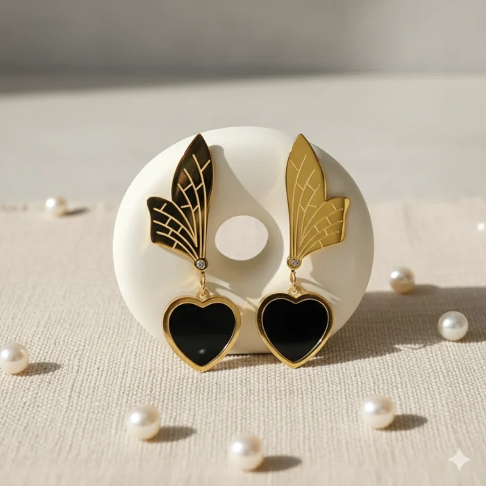 Golden Winged Heart Drop Earrings