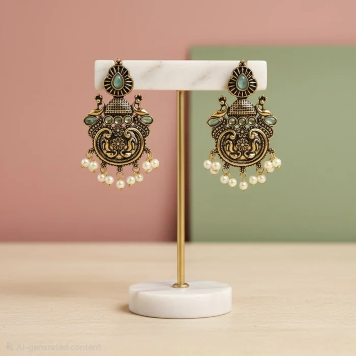 Antique Gold tone Earring with Mint Green Stone