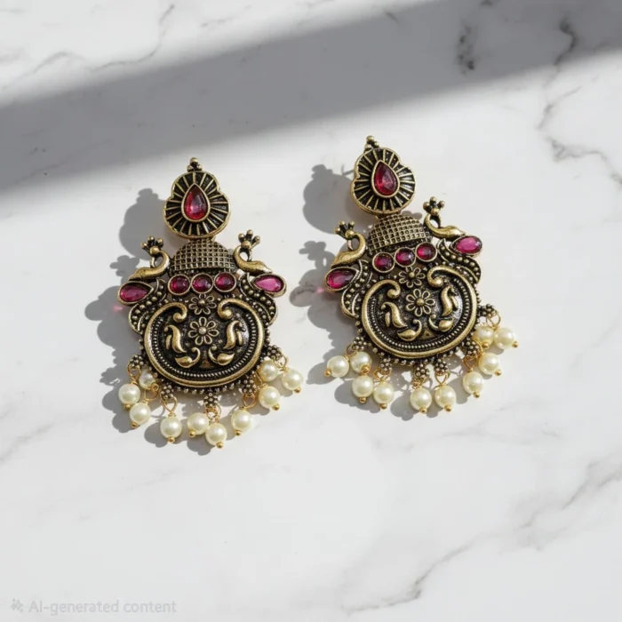 Antique Gold tone Earring with Ruby Red Accents