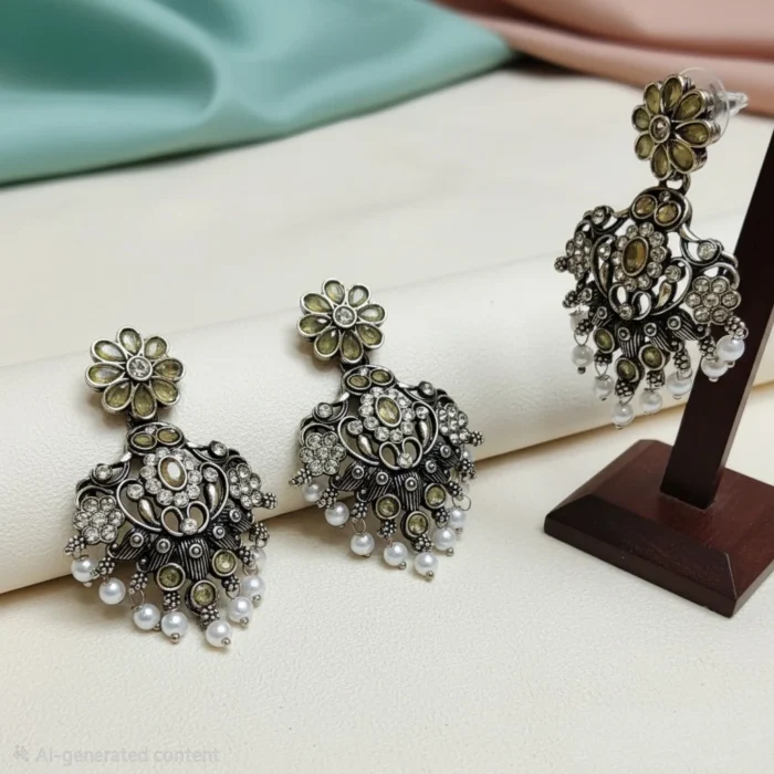 Oxidized Silver Tone Floral Drop Earring
